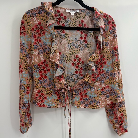 INTERMIX Silk printed Floral Ruffle Blouse Top Tie Front V-Neck Boho size 2 - Picture 2 of 16